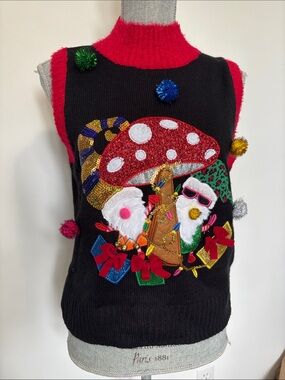 Festive Ugly Christmas Black & Red Sleeveless Turtleneck Sweater Vest
